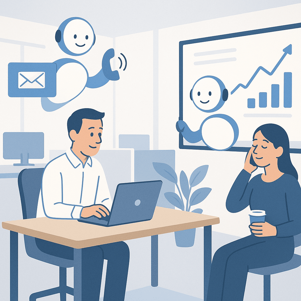 An illustration shows two people working in an office with a man at a laptop and a woman on a phone, while two helpful blue robots perform office tasks like handling emails and presenting data with an upward-trending chart.