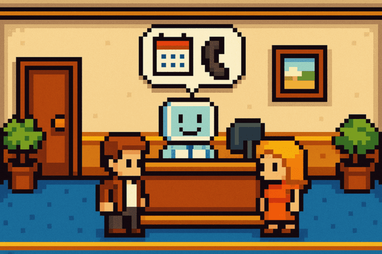 A pixel art image shows a blue, smiling robot receptionist behind a wooden desk communicating with a man and woman standing in front, with a speech bubble showing icons for a calendar and a phone.
