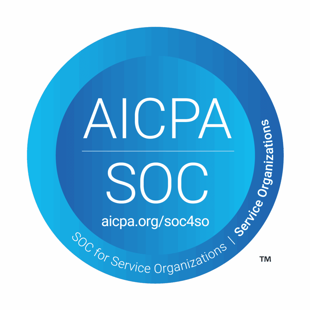 Official blue circular AICPA SOC logo, which stands for SOC for Service Organizations, with the URL aicpa.org/soc4so on a transparent background.