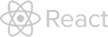 The faint gray logo for React features its atomic structure icon next to the word "React," all set on a transparent background.