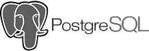 The gray logo for PostgreSQL features the profile of an elephant next to the text "PostgreSQL," set on a transparent background.