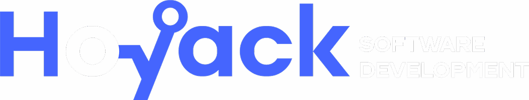 The logo for Hoyack Software Development is shown, featuring the word "Hoyack" in prominent blue and white stylized letters with the text "SOFTWARE DEVELOPMENT" in smaller, faded white letters to the right, all on a transparent background.