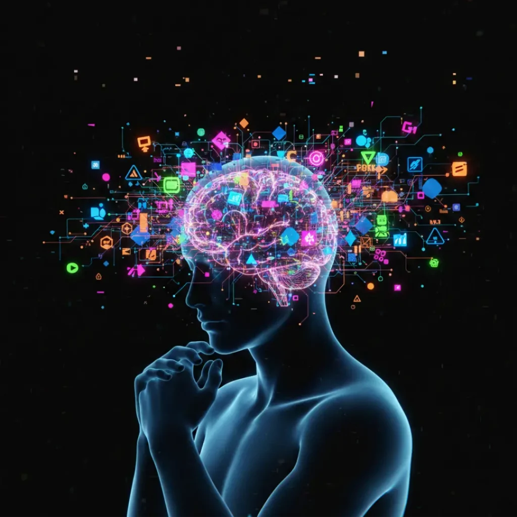 Conceptual digital art of a human head surrounded by a chaotic explosion of data icons, representing high cognitive load in complex tech stacks.