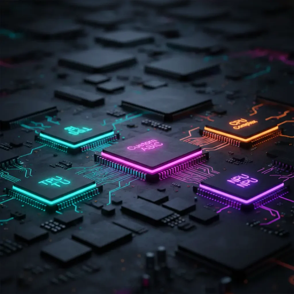 A high-end macro shot of a circuit board where different processors are highlighted in distinct neon colors, representing a "Heterogeneous" hardware environment.