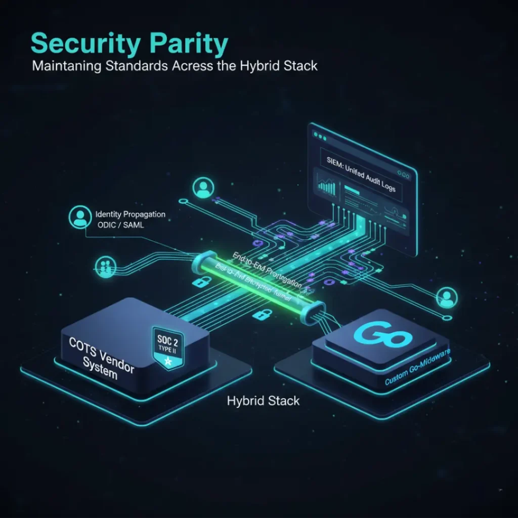 It illustrates the integration between a "COTS Vendor System" and a "Custom-Built Go System." A central "Identity Propagation" bridge connects the two, showing how security logs and identity protocols (OIDC/SAML) are unified across both third-party and custom-built software components.