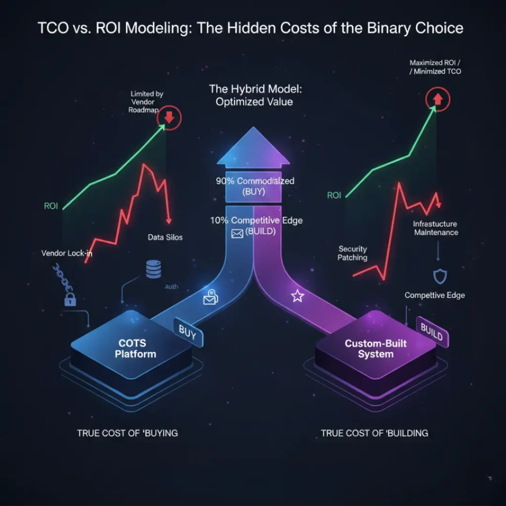 A data visualization titled "TCO vs. ROI Modeling: The Hidden Costs of the Binary Choice."