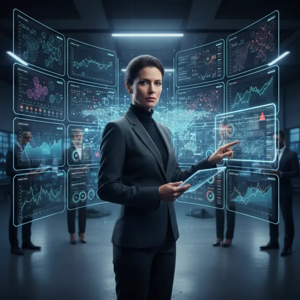 An image featuring a CTO-like figure analyzing a complex modular system