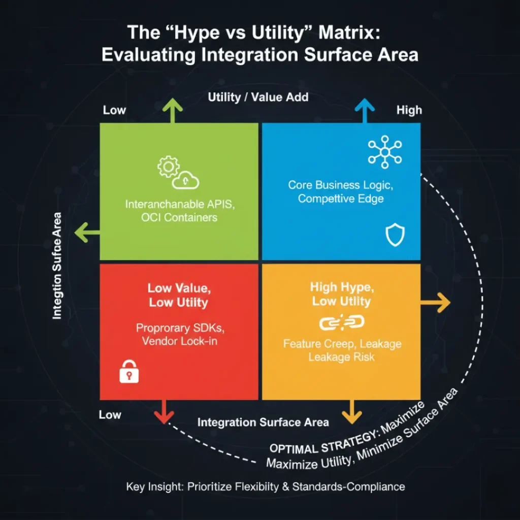 A 2x2 "Hype vs. Utility" matrix categorizing tools by value-add versus integration surface area to identify vendor lock-in and leakage risks.