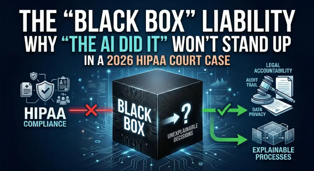 An infographic titled "The 'Black Box' Liability," explaining why "The AI Did It" is not a valid legal defense. It shows a flow chart where HIPAA compliance fails when meeting an unexplainable "Black Box," contrasting it with the requirements for legal accountability and data privacy.